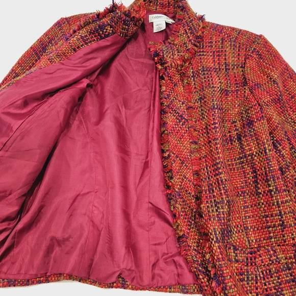 Coldwater Creek Woven Blazer Petite Medium Fringe Pink Purple Green Open Front - Picture 7 of 7